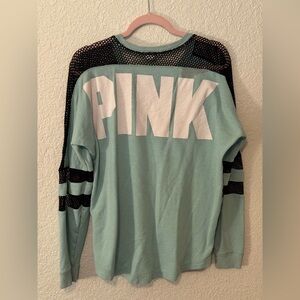 Victoria's Secret PINK mesh crew long-sleeve shirt in light blue and black Small